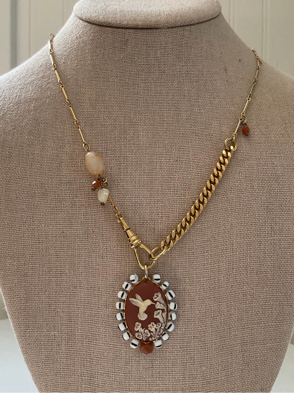 Hummingbird Bird Cameo Gold Necklace